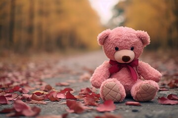 A cute teddy bear rests pinkly on the ground. Generative AI