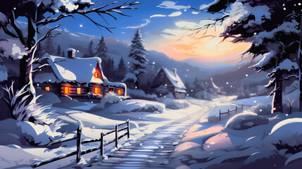 Christmas card with snow-covered village with wooden houses on winter evening