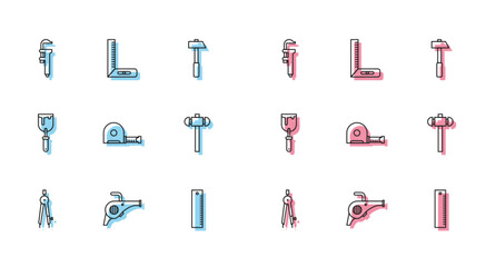 Set line Drawing compass, Leaf garden blower, Calliper or caliper and scale, Ruler, Roulette construction, Sledgehammer, Putty knife and Corner ruler icon. Vector