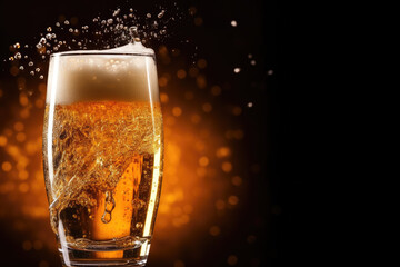 Pouring beer with bubble froth in glass