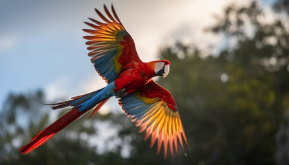 Vibrant gold and blue macaw perching on tropical branch outdoors generated by AI
