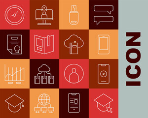 Set line Graduation cap on globe, Online play video, Mobile phone, USB flash drive, Open book, Certificate template, Clock and Cloud or online library icon. Vector