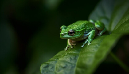Fototapeta premium A slimy toad sitting on a leaf, watching the pond generated by AI
