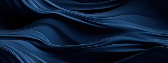 Seamless Silk satin fabric. Navy blue color. Abstract dark elegant background with space for design. Soft wavy folds. Drapery. Gradient. lines. Shiny. Shimmer. Glow.Template. Wide banner. Panoramic.