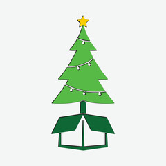 Christmas trees, pines for greeting card, invitation, banner, web. New Years and Xmas traditional symbol tree with garlands, light bulb, star. Winter holiday. Icons collection