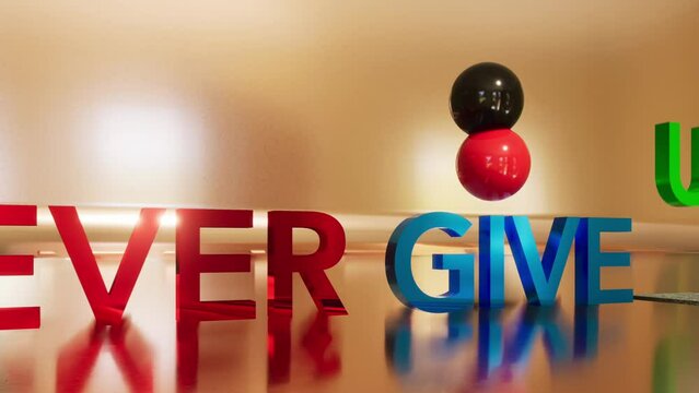 Modellazione 3D con animazione di un testo NEVER GIVE UP a colori 