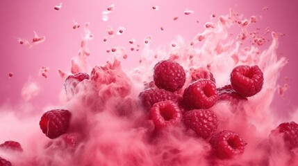 Fresh raspberries explode and scatter on a pink background with smoke and steam