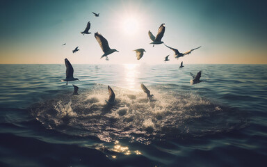 Birds swoop down to the surface of the water to catch fish. Birds hunt for food. Birds eat fish. Above the water surface, the sea surface sparkles with light. animal lifestyle