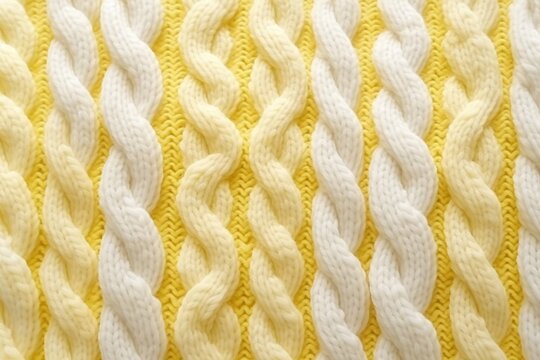 Macro photography of the texture of a knitted pattern in close-up, white and yellow colors, warm clothes