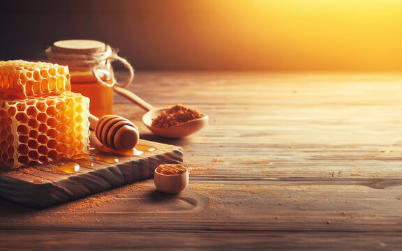 Honey syrup on a wooden table in the kitchen Honeycomb Nectar Background image for cooking and baking A warm scene of bright sunlight
