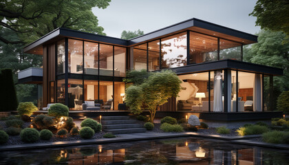 Modern architecture illuminates the night with elegant luxury and natural beauty generated by AI