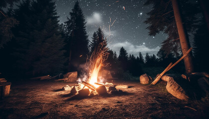 Men gather around glowing campfire, cooking grilled food in nature generated by AI - obrazy, fototapety, plakaty