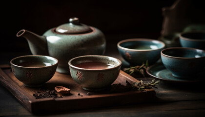 Antique teapot on rustic table, surrounded by earthenware ceramics generated by AI