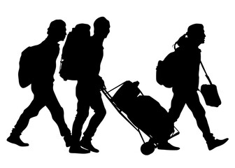 Group of tourists with travel suitcases on a white background