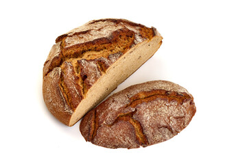 Freshly Baked Homemade Bread slices, close-up, isolated on a white background.