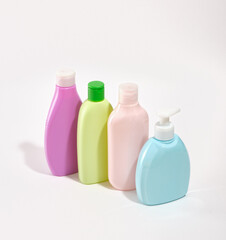 Different cosmetic hygiene bathroom bottles. Skin routine in bathroom. Spa and bath.