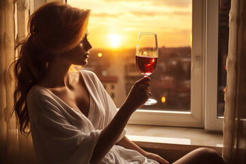 A happy Woman with a glass of red wine. Rest and relaxation after a hard day.