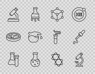 Set line Test tube, Microscope, Molecule, and Pipette icon. Vector