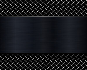 Black metallic background, brushed metal banner on diamond plate pattern back. - obrazy, fototapety, plakaty