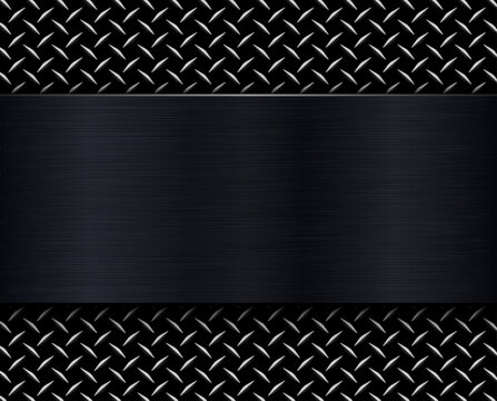 Black metallic background, brushed metal banner on diamond plate pattern back.