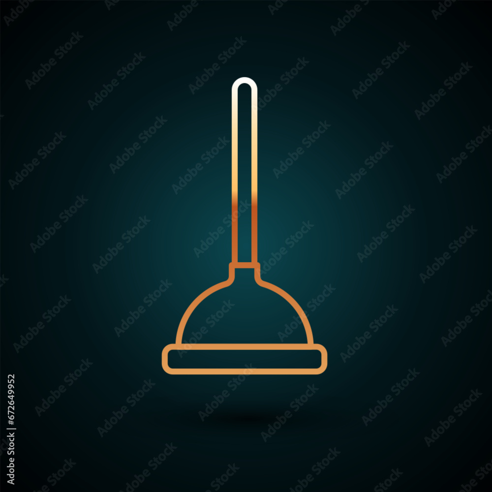 Poster gold line rubber plunger with wooden handle for pipe cleaning icon isolated on dark blue background.