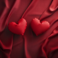 Two red heart on fabric background, ai technology