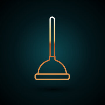 recommend clip art: Gold line Rubber plunger with wooden handle for pipe cleaning icon isolated on dark blue background. Toilet plunger. Vector
