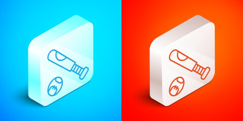 Isometric line Baseball bat with ball icon isolated on blue and red background. Silver square button. Vector