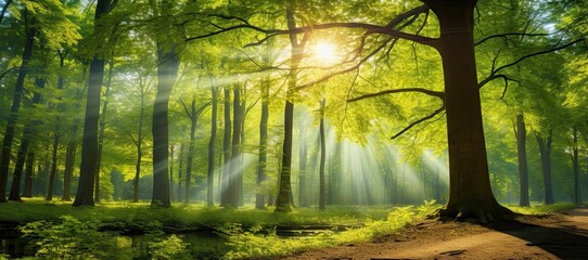 Enchanted forest serenity. Capturing magic of sunlight and mist in nature realm. Woodland magic. Sunbeams and create an ethereal morning