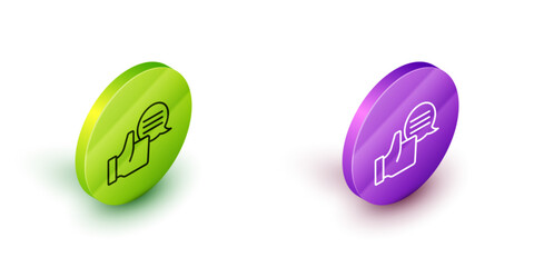 Isometric line Consumer or customer product rating icon isolated on white background. Green and purple circle buttons. Vector