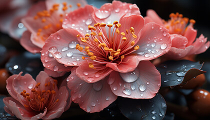 Freshness of a single flower in vibrant pink, wet with dew generated by AI