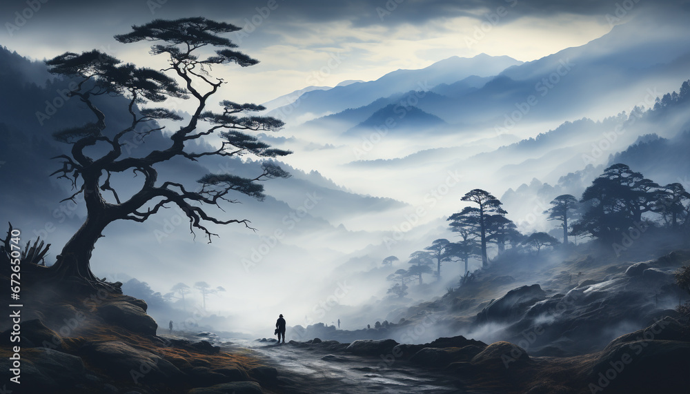 Wall mural silhouette of men hiking through foggy mountain range, backlit by sunset generated by ai