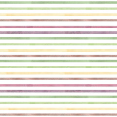Seamless stripe pattern in purple, brown, blue, crimson, yellow and green colors, hand-drawn on a white background. Vintage style. Watercolor illustration. Template for the design textiles, tableware