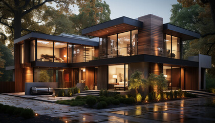 Obraz premium Night illuminates modern architecture, luxury dusk building exterior generated by AI