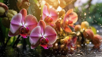 Fotobehang Beautiful orchid flowers in the garden. Natural floral background. Mother's day concept with a space for a text. Valentine day concept with a copy space. © John Martin
