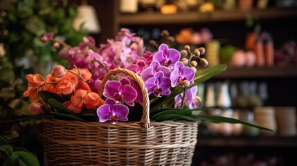 Basket with colorful orchids in flower shop, closeup. Mother's day concept with a space for a text. Valentine day concept with a copy space.