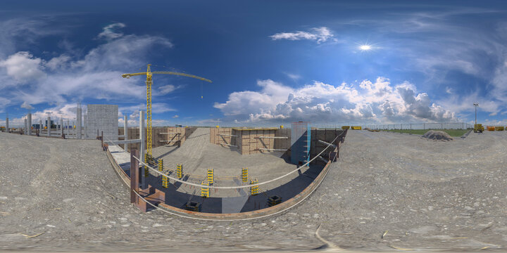 large construction site construction pit crane 360° equirectangular environment vr panorama 3d render