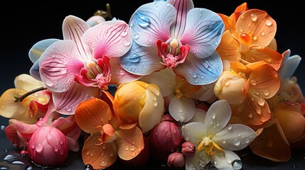 colorful orchids on a black background with drops of water. Mother's day concept with a space for a text. Valentine day concept with a copy space.