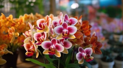 Colorful orchids in a flower shop. Selective focus. Mother's day concept with a space for a text. Valentine day concept with a copy space.