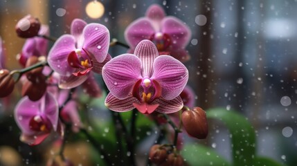 Beautiful orchid flower on blurred background with bokeh. Mother's day concept with a space for a text. Valentine day concept with a copy space.