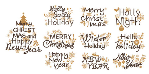 Set of Christmas and Happy new year Calligraphy. Merry Christmas, New year decoration lettering collection. Vector illustration.