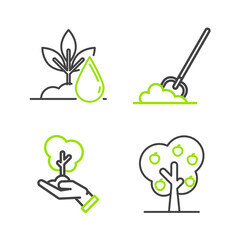 Set line Tree with apple, in hand of environmental protection, Shovel the ground and Watering plant icon. Vector