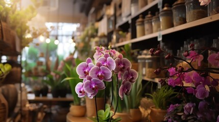 Phalaenopsis orchids on shelf in flower shop. Mother's day concept with a space for a text. Valentine day concept with a copy space.