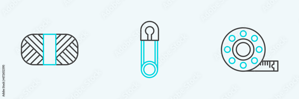 Poster Set line Tape measure, Sewing thread on spool and Classic closed steel safety pin icon. Vector