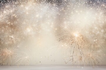 Golden fireworks over silver background. Silver and beige card for luxury explosion, holiday feelings. Winter season business greeting banner.