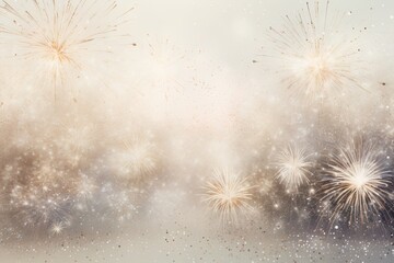 Golden fireworks over silver background. Silver and beige card for luxury explosion, holiday...