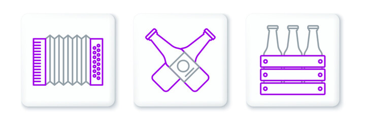 Set line Pack of beer bottles, Musical instrument accordion and Crossed icon. Vector