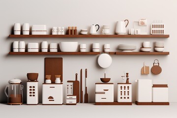 キッチンセット風景（3D）白とコゲ茶調