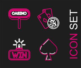 Set line Playing card with spades symbol, Casino win, cards and glass of whiskey ice cubes and signboard icon. Vector
