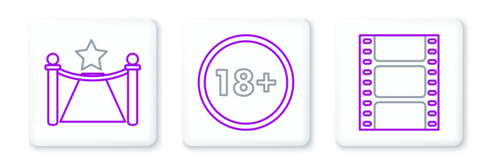 Set line Play Video, Carpet with barriers and star and Under 18 years icon. Vector